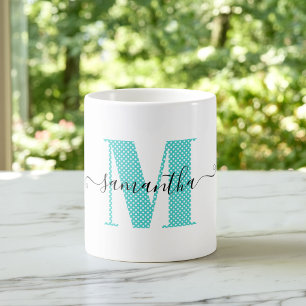 Feminines Türkis- und Weiß-Polka-Dot-Monogramm Kaffeetasse