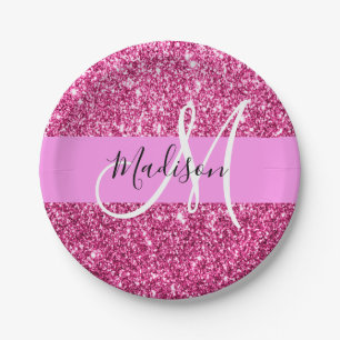Feminines und glamouröses heißrosa Glitter Funkeln Pappteller