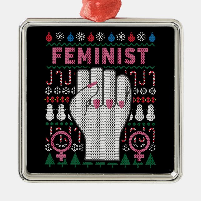 Feministin Power Ugly Christmas Sweater Ornament Aus Metall (Vorne)