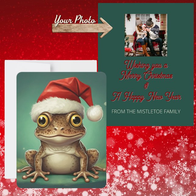 Fen-Whisperer | Whimsical Frozen Christmas Feiertagskarte (festive photo Christmas card, brown frog classic Santa Hat. Personalised family photo holiday card)