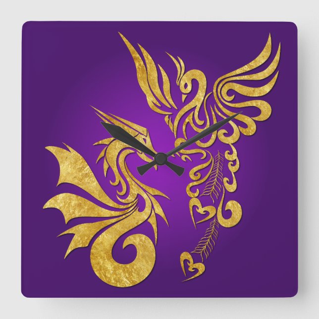 Feng Shui Golden Phoenix & Dragon Clock - lila Quadratische Wanduhr (Vorderseite)