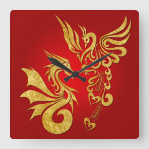 Feng Shui Golden Phoenix & Dragon Clock - red Quadratische Wanduhr