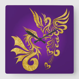 Feng Shui goldene Phoenix- u. Drache-Uhr - lila Quadratische Wanduhr