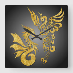 Feng Shui goldene Phoenix- u. Drache-Uhr - Quadratische Wanduhr