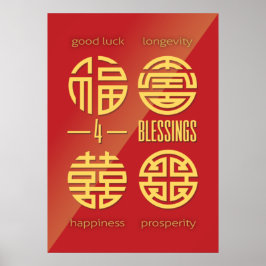 Feng Shui Wall Art - Red Four Viel Glück Symbols Poster