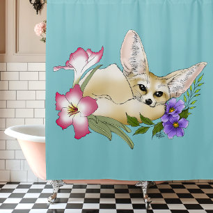 Fennek Fuchs Rosa Lila Blumen Süß Blau Botanisch Duschvorhang