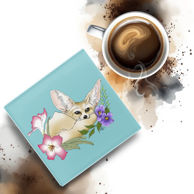 Fennek Fuchs Rosa Lila Blumen Süß Blau Botanisch Glasuntersetzer (Von Creator hochgeladen)