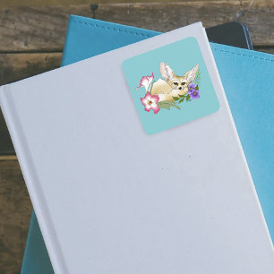 Fennek Fuchs Rosa Lila Blumen Süß Blau Botanisch Quadratischer Aufkleber