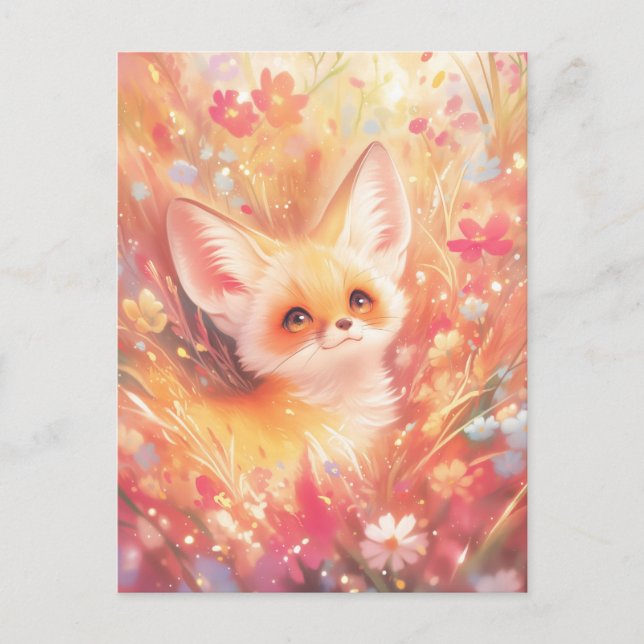 Fennek-Fuchs schaut durch eine rosa Wildblumenwies Postkarte (Vorderseite)