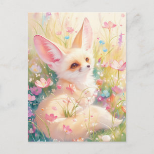 Fennekfuchs auf sonniger rosa Wildblumenwiese Postkarte