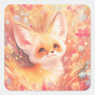 Fennekfuchs umgeben von Sonnenblumen der Abenddämm Quadratischer Aufkleber