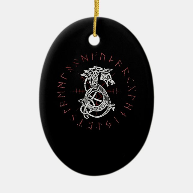 Fenrir Wolf Of Odin Celtic Norse Runes Distressed Keramik Ornament (Vorne)