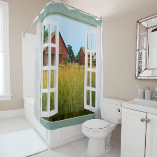 Fenster-Ansicht der Scheunen in der Weide Duschvorhang