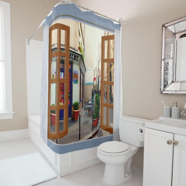 Fenster-Ansicht-goldene Paris-Straße Duschvorhang (Beispiel)