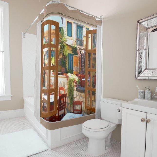 Fenster-Ansicht-Mittelmeercafé im Freien Duschvorhang (Beispiel)