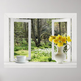 Fenster auf Waldlandschaft öffnen mit Daffodien Poster