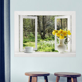 Fenster auf Waldlandschaft öffnen mit Daffodien Poster