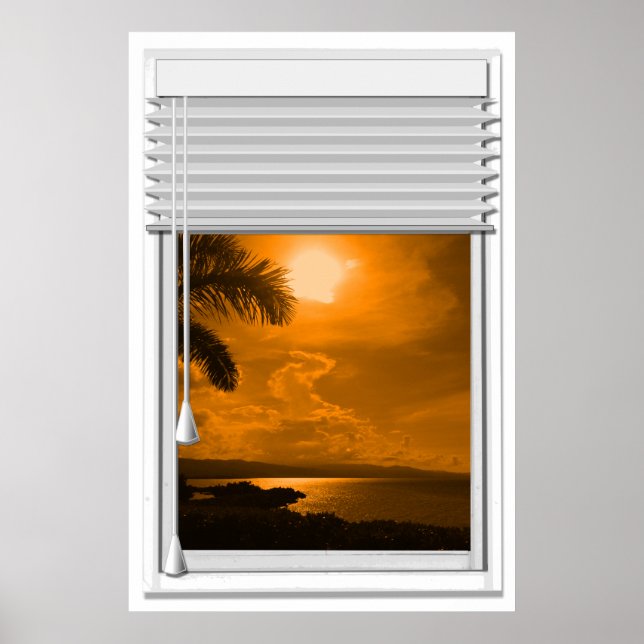 Fenster mit Imitaten mit Sonnenuntergang zum Meer Poster (Vorne)