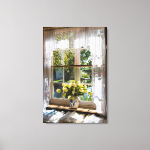 Fenster mit Spitzen-Vorhang und Tulpen Leinwanddruck