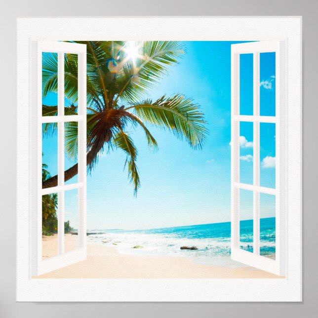 Fenster mit Strand und Ozean Maßgeschneiderte Größ Poster (Vorne)