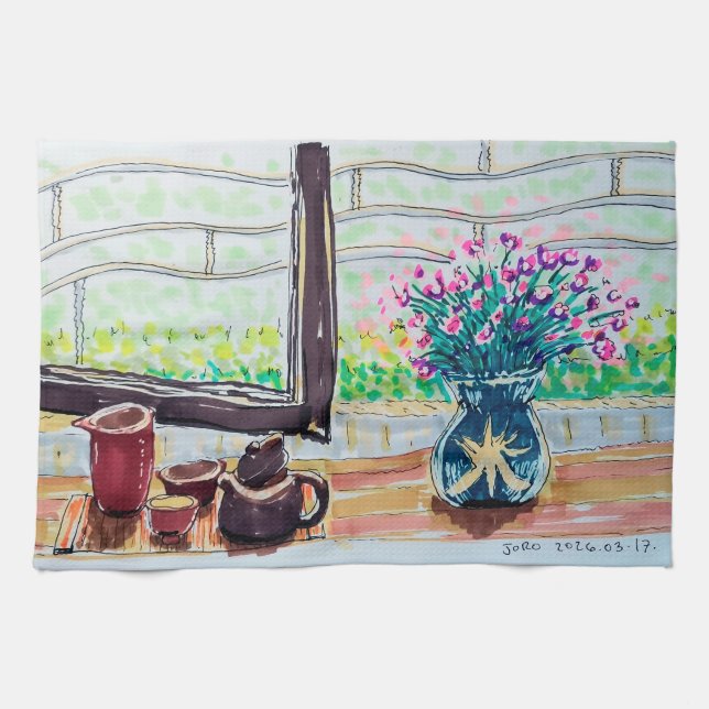 Fenster Tee und Blumen Geschirrtuch (Horizontal)