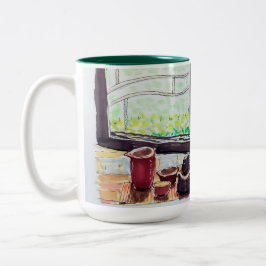 Fenster Tee und Blumen Zweifarbige Tasse