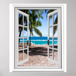 Fenster "Tropische Palmen am Strand mit Blick auf  Poster