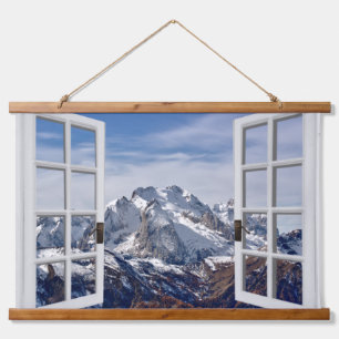 Fensteransicht Snowy Mountains Wall Tapestry Wandteppich Mit Holzrahmen