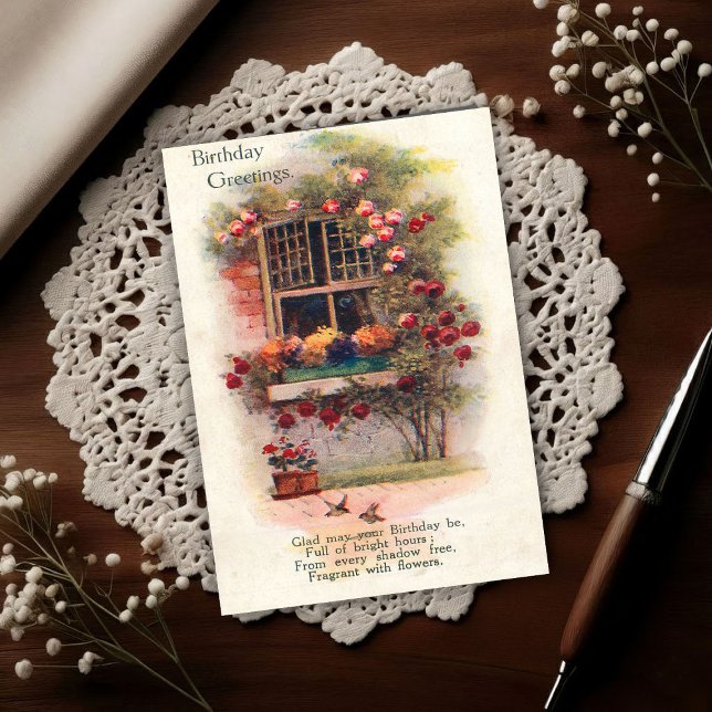 Fensterrosen Vintage 1920 Geburtstagsgrüße Postkarte (Von Creator hochgeladen)