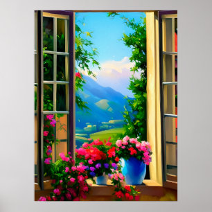 Fensterszenen Kunst Berg Blumen 18x24 Poster