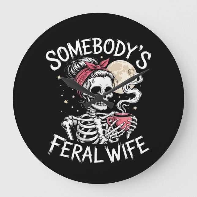 Feral Funny Coffee Liebhaber trinken Skull Joke Große Wanduhr (Vorderseite)