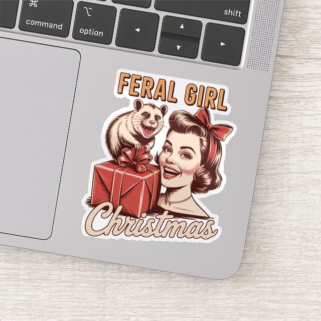 Feral Girl Christmas Opossum Xmas Trashy Retro Aufkleber (Detail)