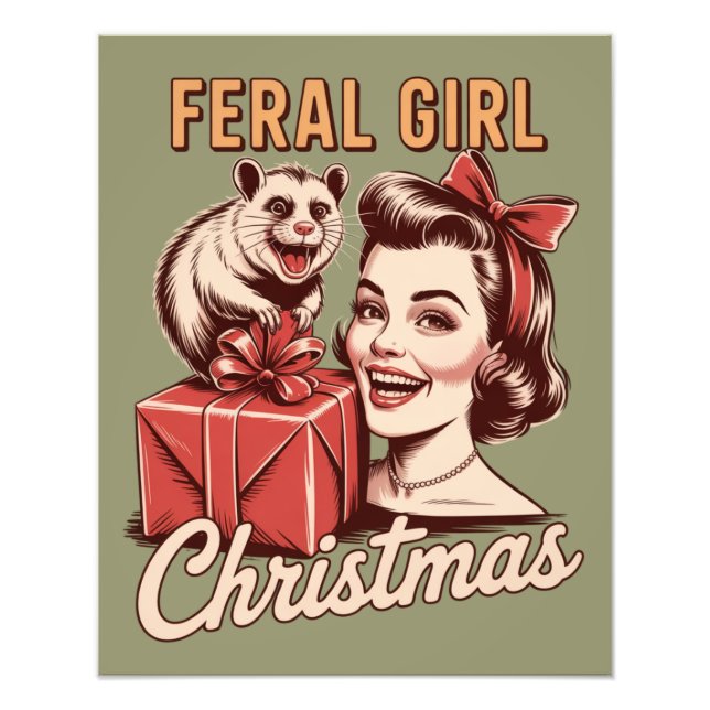 Feral Girl Christmas Opossum Xmas Trashy Retro Fotodruck (Vorne)