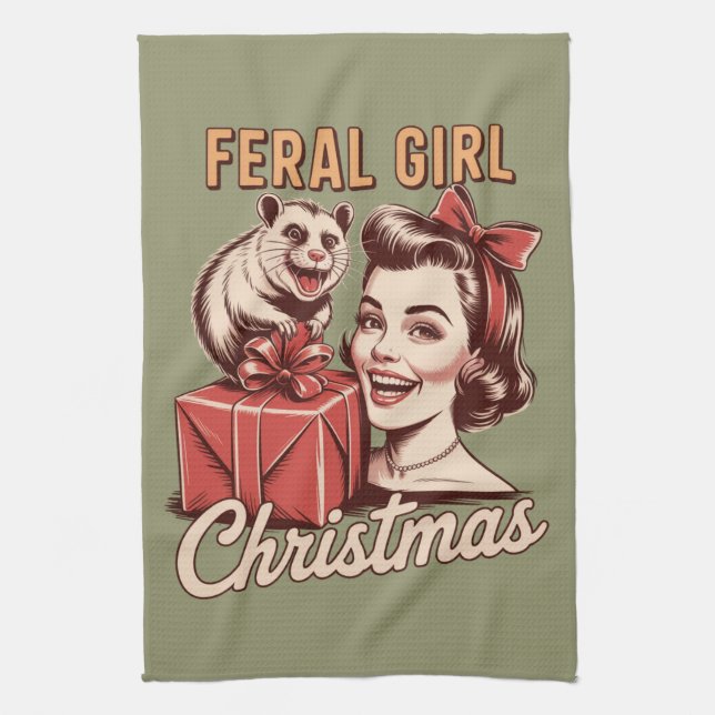 Feral Girl Christmas Opossum Xmas Trashy Retro Geschirrtuch (Vertikal)