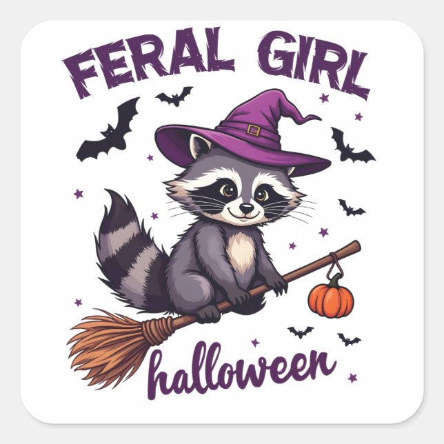 Feral Girl Halloween Spooky Raccoon Hexengeschenk Quadratischer Aufkleber (Vorderseite)