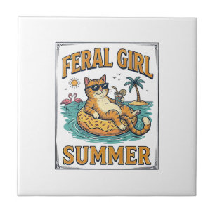 Feral Girl Sommer Katze Schwimmt Vintage-Shirt Des Fliese