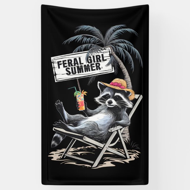 Feral Girl Summer Beach Funny Raccoon Banner (Vertikal)