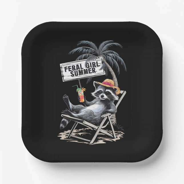 Feral Girl Summer Beach Funny Raccoon Pappteller (Vorderseite)