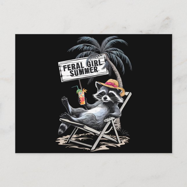 Feral Girl Summer Beach Funny Raccoon Postkarte (Vorderseite)