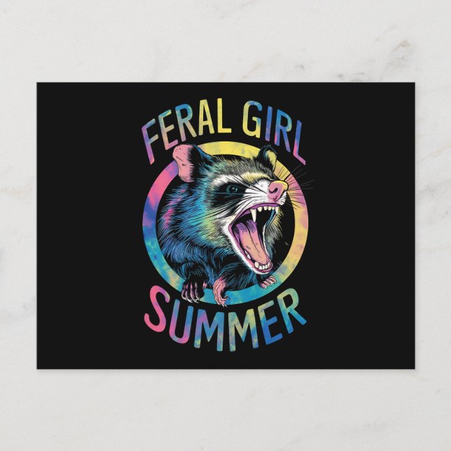 Feral Girl Summer Opossum Gefärbte Krawatte Raccoo Postkarte (Vorderseite)