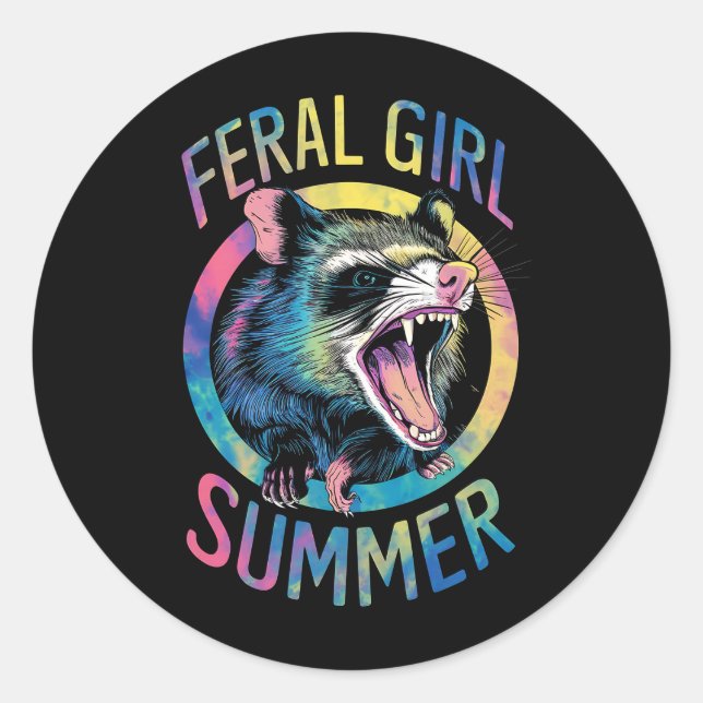 Feral Girl Summer Opossum Gefärbte Krawatte Raccoo Runder Aufkleber (Vorderseite)