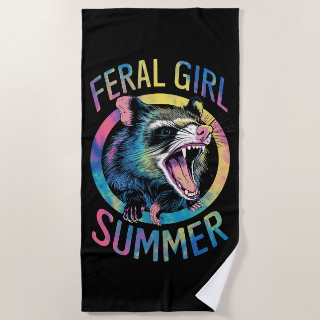Feral Girl Summer Opossum Gefärbte Krawatte Raccoo Strandtuch (Vorderseite)