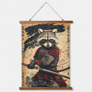 Feral Raccoon Samurai Warrior - Japanischer Tinten Wandteppich Mit Holzrahmen