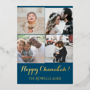 Ferien 4 Fotos Happy Chanukah Family Blue Foil Folien Feiertagskarte