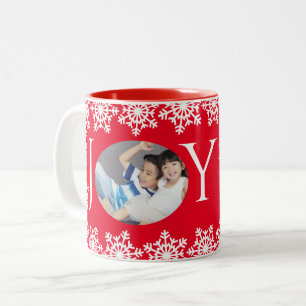 Ferien Familie Foto JOY Red White Snowflake H Zweifarbige Tasse