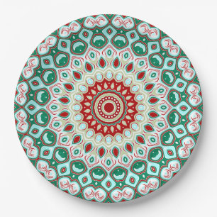 Ferien-Mandala in Rot, Grün und Winterweiß Pappteller