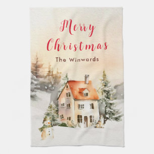 Ferienhaus im Winter Frohe Weihnachten Geschirrtuch