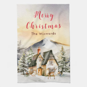 Ferienhaus im Winter Frohe Weihnachten Geschirrtuch