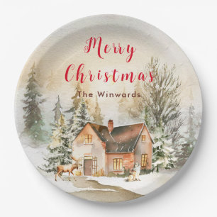Ferienhaus im Winter Frohe Weihnachten Pappteller
