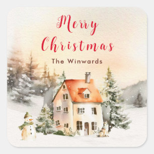 Ferienhaus im Winter Frohe Weihnachten Quadratischer Aufkleber